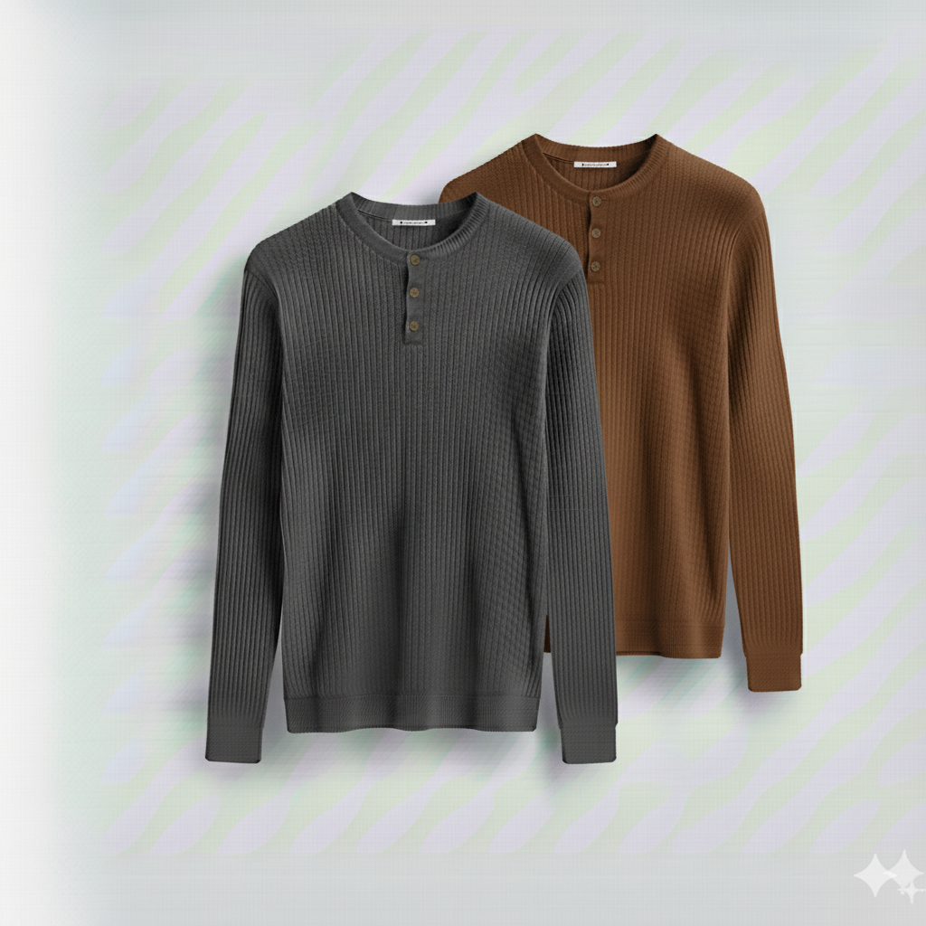 2 Pieces Waffle Knit Henley Pack ( Charcoal + Mocha )