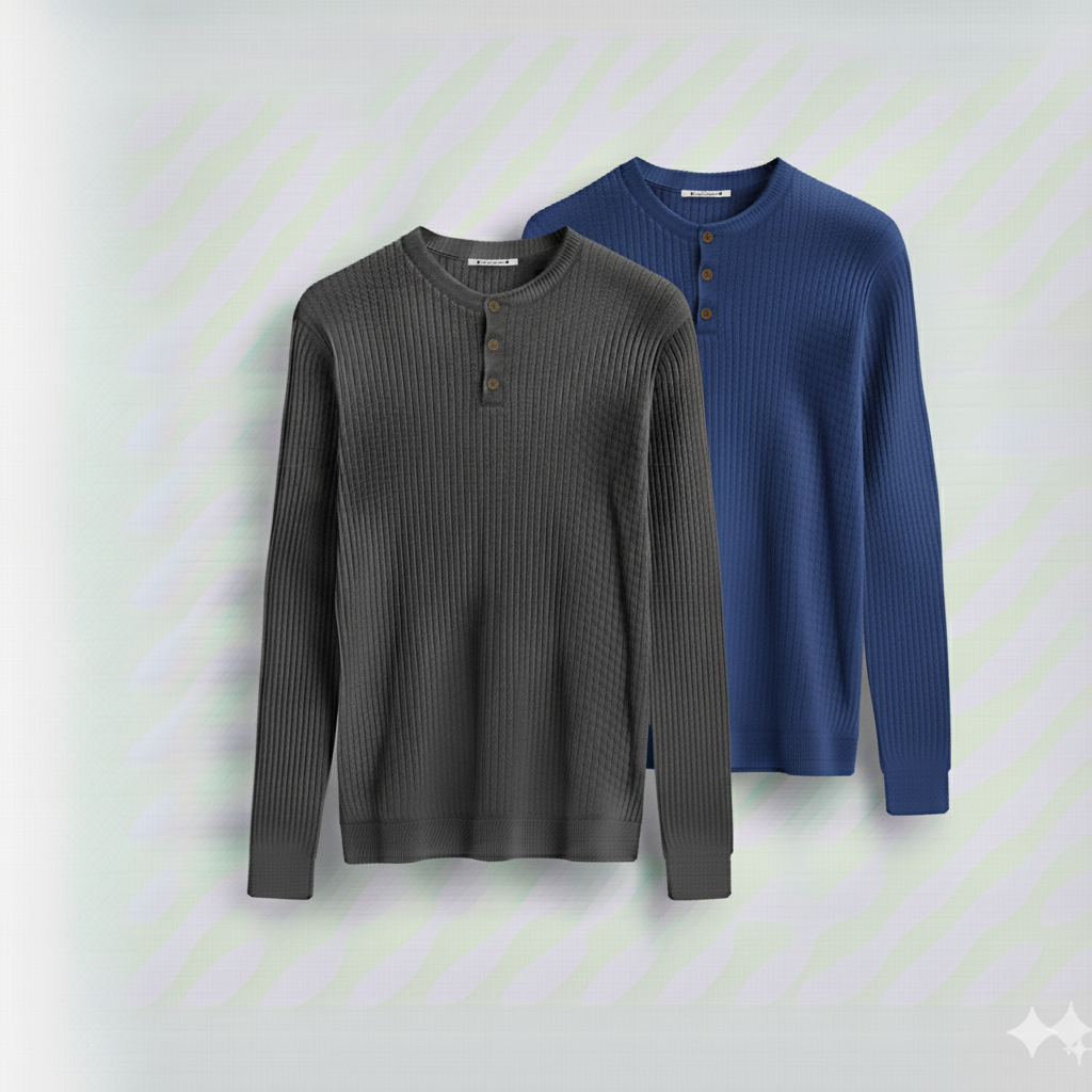 2 Pieces Waffle Knit Henley Pack ( Charcoal + Slate Blue )