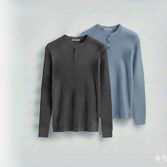 2 Pieces Waffle Knit Henley Pack ( Charcoal + Baby Blue )