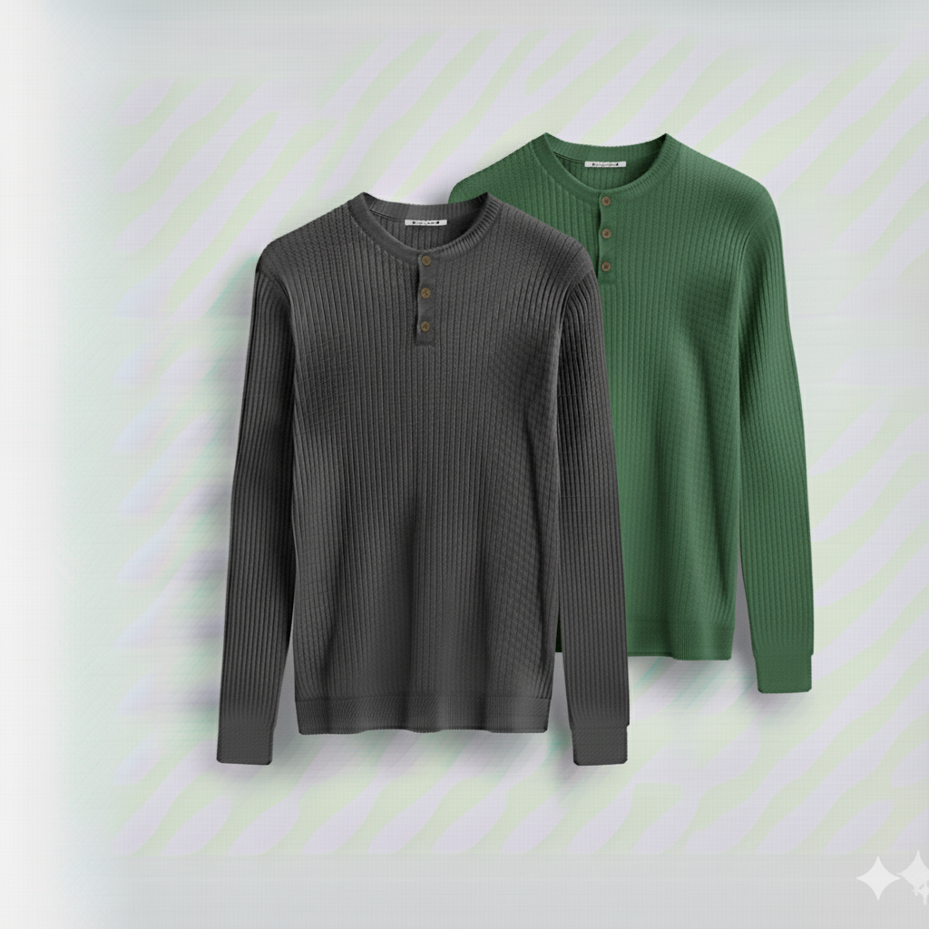 2 Pieces Waffle Knit  Henley Pack ( Charcoal + Green )