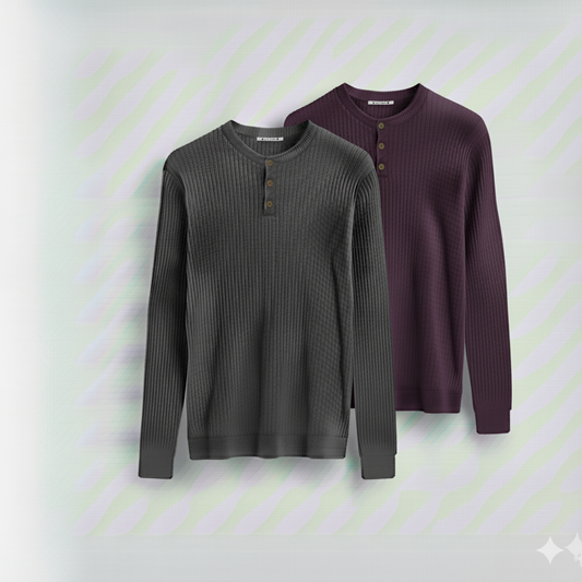 2 Pieces Waffle Knit Henley Pack ( Charcoal + Midnight Plum )