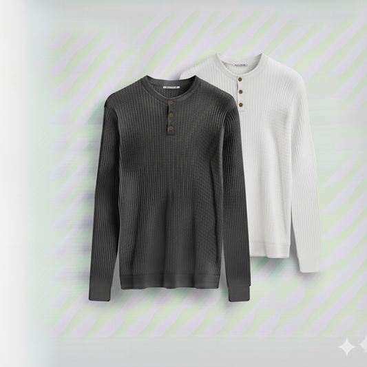 2 Pieces Waffle Knit Henley Pack ( Charcoal + White )