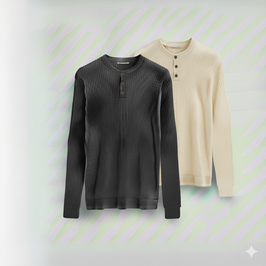 2 Pieces Waffle Knit Henley Pack ( Charcoal + Cream )