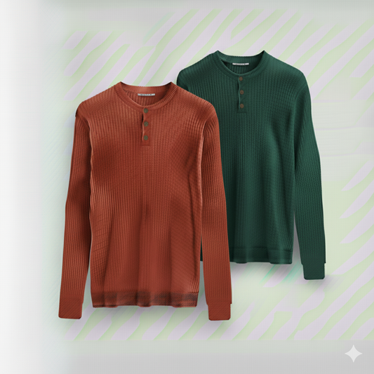 2 Pieces Waffle Knit  Henley Pack ( Rust + Forest Green )