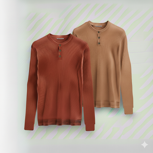 2 Pieces Waffle Knit Henley Pack ( Rust + Desert Sand )