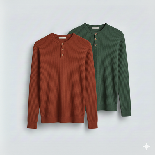 2 Pieces Waffle Knit Henley Pack ( Rust + Green )