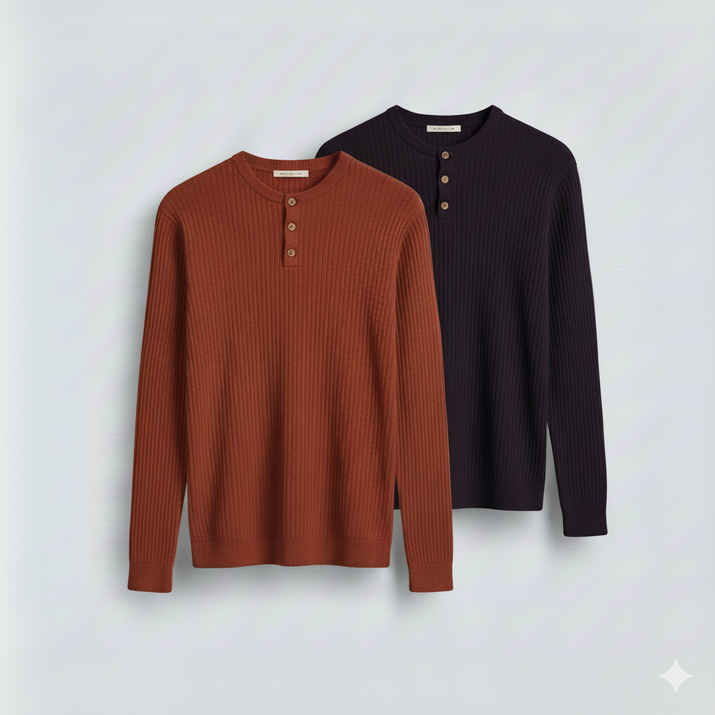2 Pieces Waffle Knit Henley Pack ( Rust + Black )