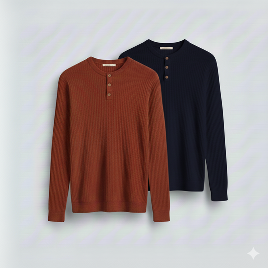 2 Pieces Waffle Knit Henley Pack ( Rust + Navy )