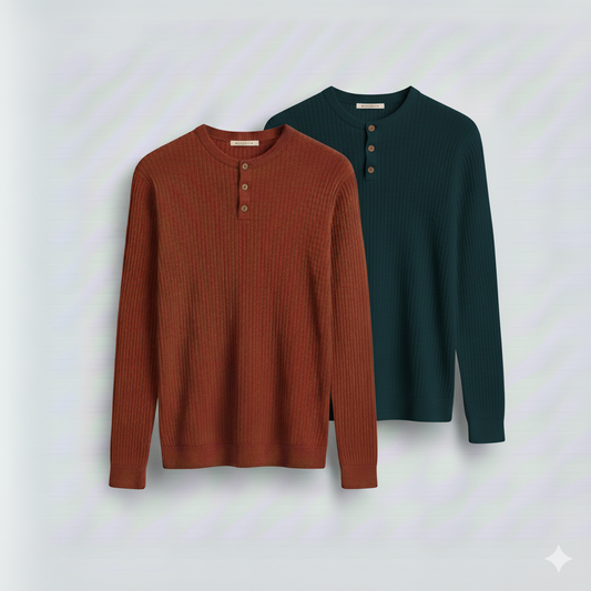 2 Pieces Waffle Knit Henley Pack ( Rust + Dark Teal )
