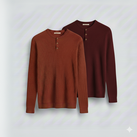 2 Pieces Waffle Knit Henley Pack ( Rust + Maroon )