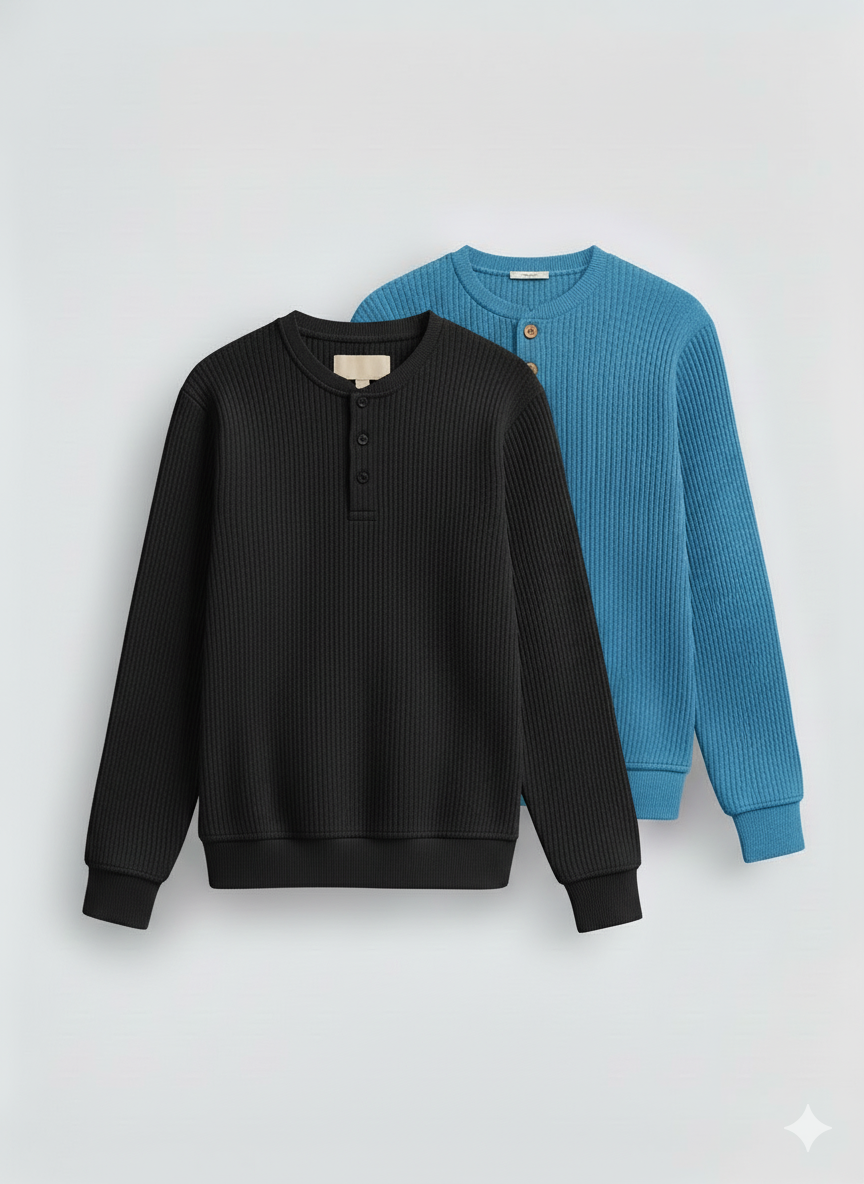 2 Pieces Waffle Knit Henley Pack ( Sky Blue + White )