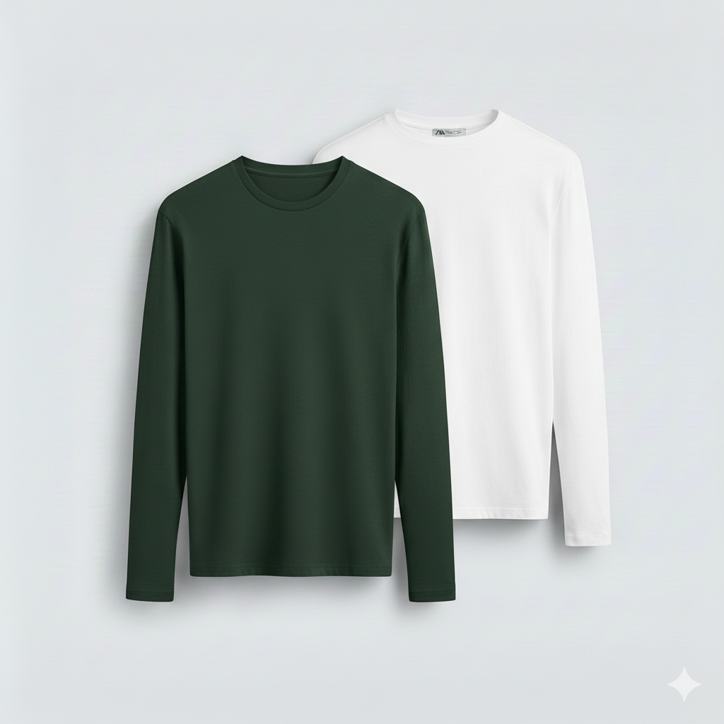 2 Pieces Full Sleeves T-Shirt ( WHITE & BOTTLE GREEN)