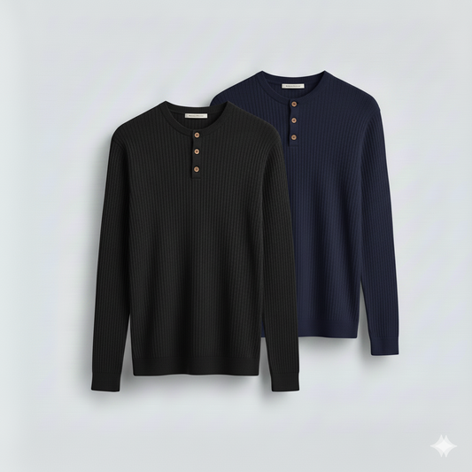 2 Pieces Waffle Knit Henley Pack (Black & Navy)