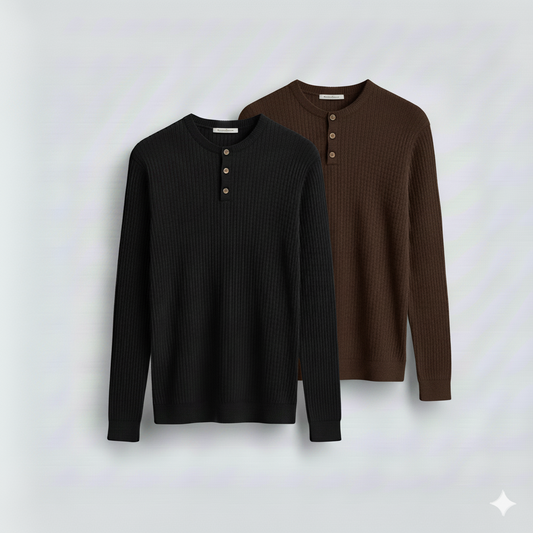 2 Pieces Waffle Knit Henley Pack (Black & Dark Brown)