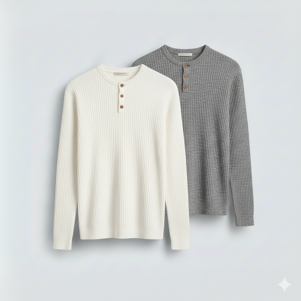 2 Pieces Waffle Knit Henley Pack (White & Gray)