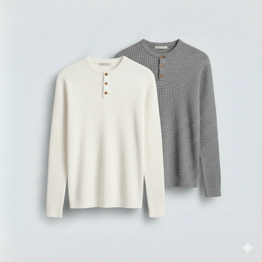 2 Pieces Waffle Knit Henley Pack (White & Gray)