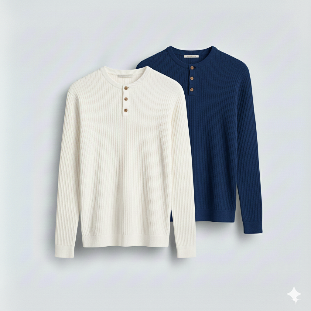 2 Pieces Waffle Knit Henley Pack (White & Navy)