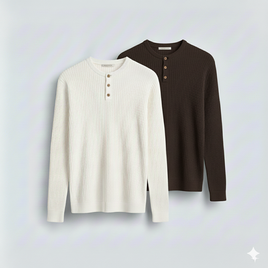 2 Pieces Waffle Knit Henley Pack (White & Dark Brown)