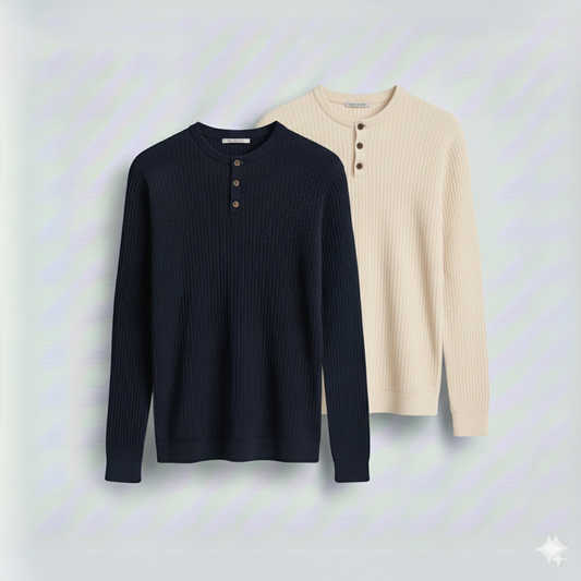 2 Pieces Waffle Knit Henley Pack (Navy & cream)