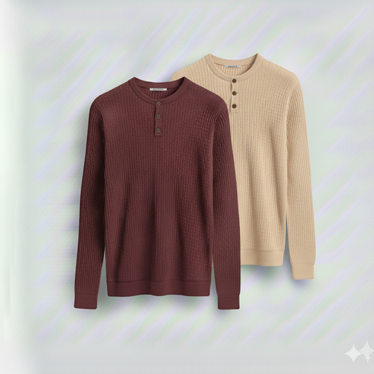 2 Pieces Waffle Knit Henley Pack (Maroon & Cream)
