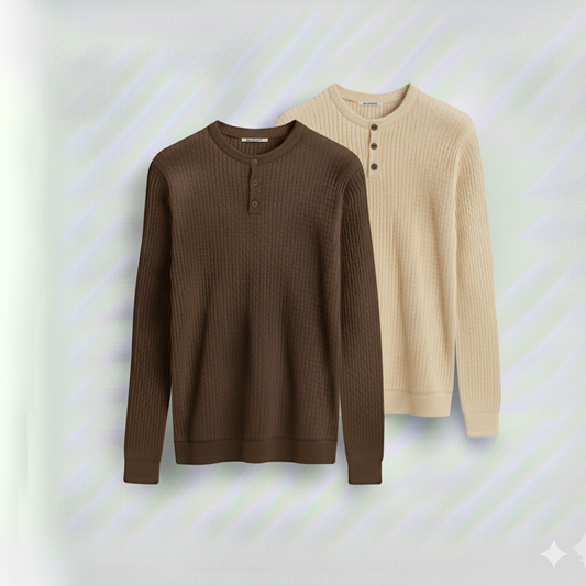 2 Pieces Waffle Knit Henley Pack (Dark Brown & Cream)
