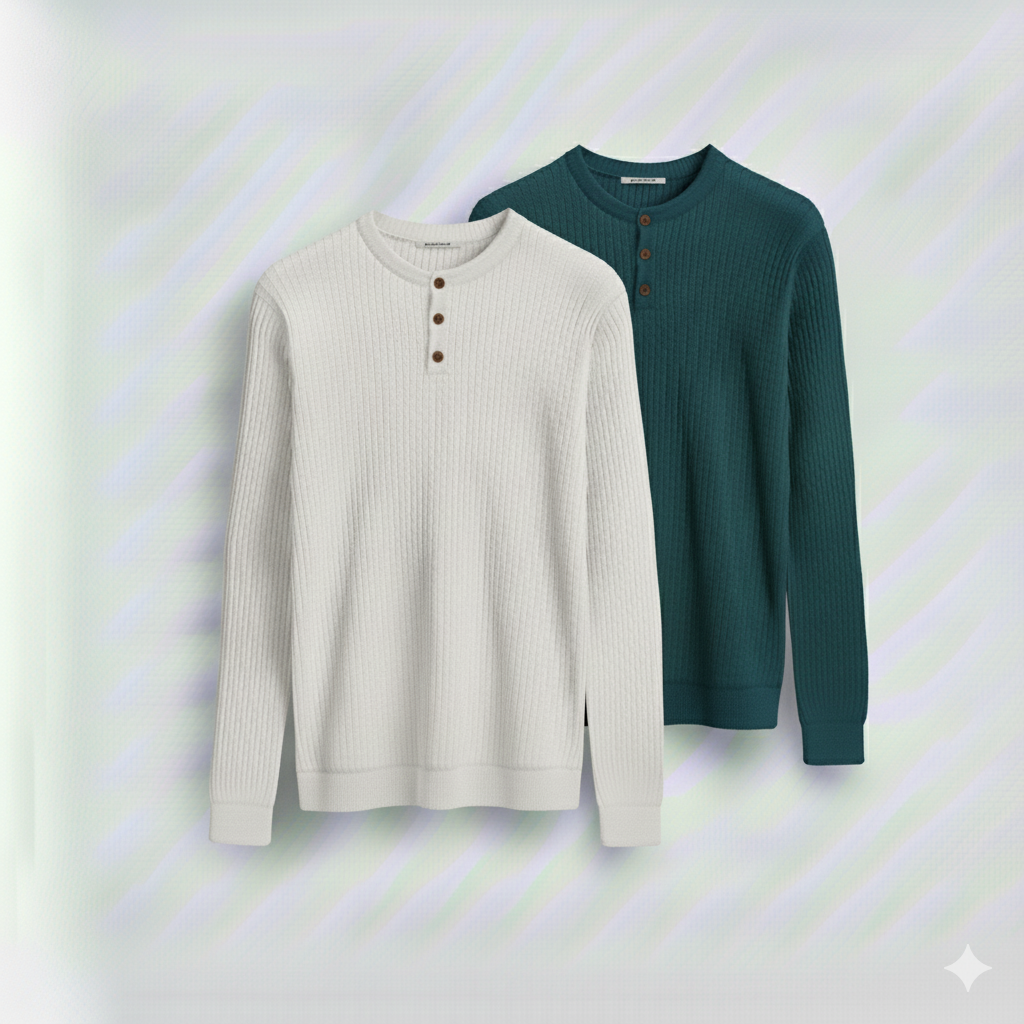 2 Pieces Waffle Knit Henley Pack (White & Deep teal)