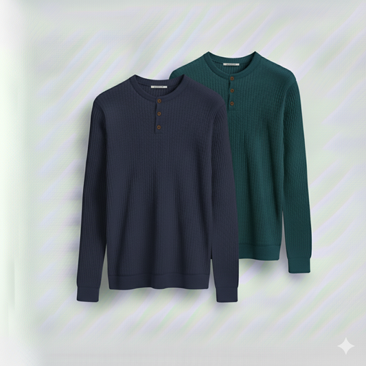 2 Pieces Waffle Knit Henley Pack (Navy & Dark Teal)