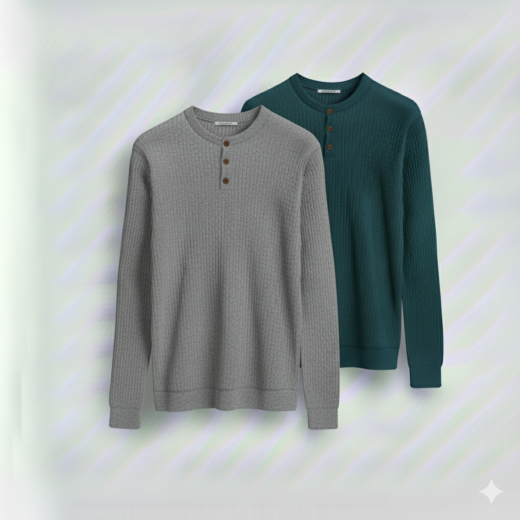 2 Pieces Waffle Knit Henley Pack (Gray & Deep Teal)