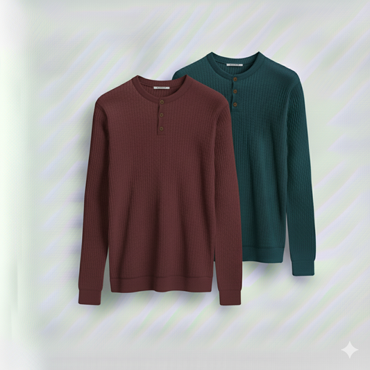 2 Pieces Waffle Knit Henley Pack (Maroon & Deep Teal)