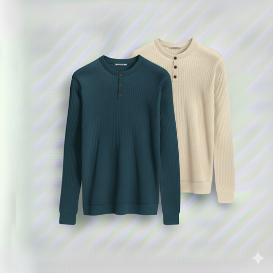 2 Pieces Waffle Knit Henley Pack (Deap Teel & Cream)