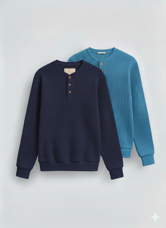 2 Pieces Waffle Knit Henley Pack ( Sky Blue + Navy )
