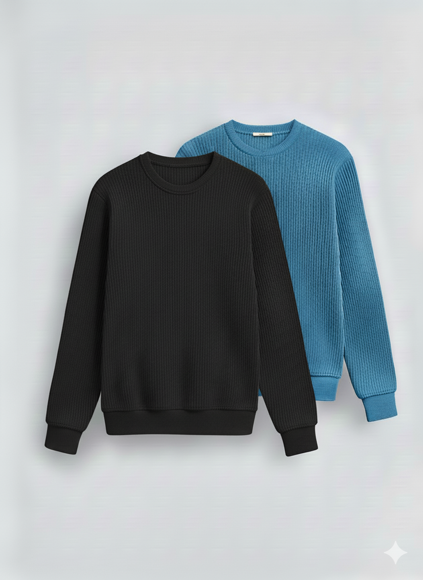 2 Pieces Waffle Knit Tees ( Black + Sky Blue )