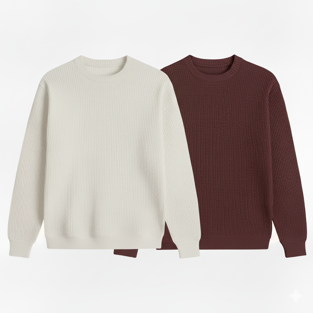 2 Pieces Waffle Knit Tees ( WHITE & MAROON )