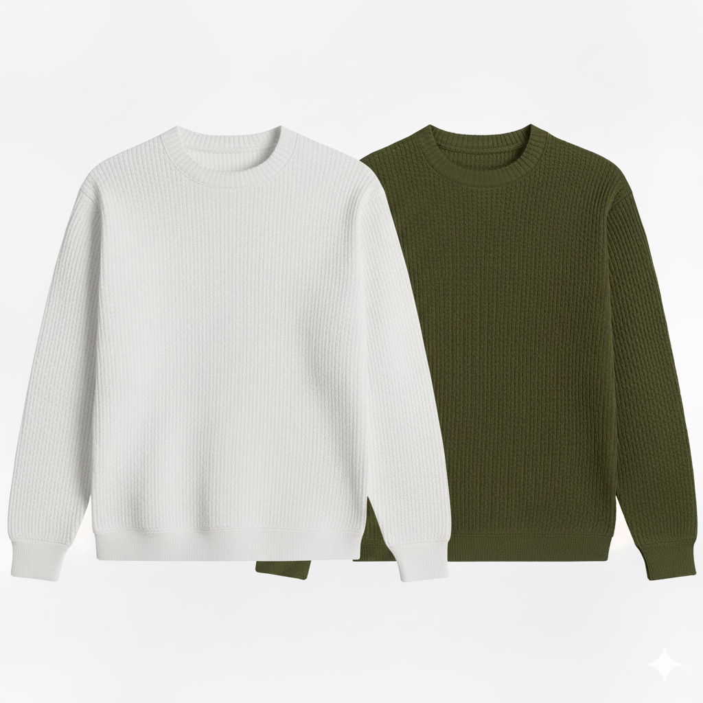 2 Pieces Waffle Knit Tees ( WHITE & OLIVE GREEN )