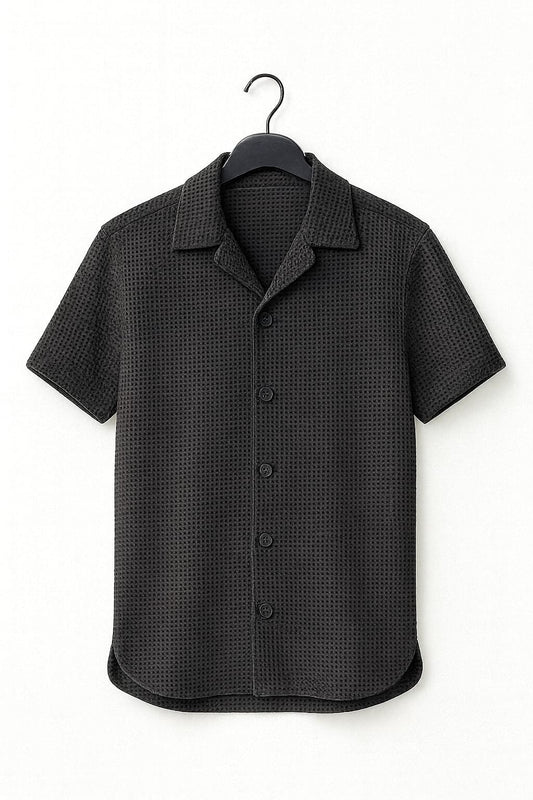 Charcoal Waffle Knit Cuban Collar Shirt for Men