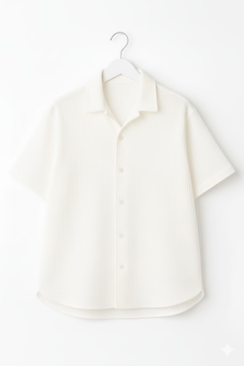 White Waffle Knit Cuben Collar Shirt